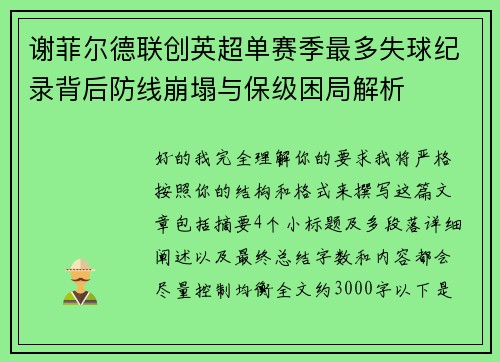 谢菲尔德联创英超单赛季最多失球纪录背后防线崩塌与保级困局解析